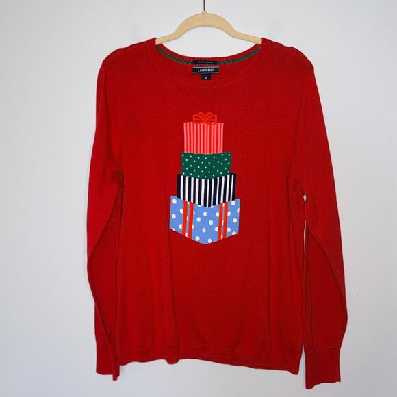 Lands End Womens Holiday Sweater Present Gifts Size XL Red 100% Supima Cotton - Picture 1 of 7